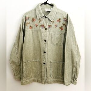Susan Bristol Corduroy Shacket Jacket Hand Embroidered Floral Cotton Grandma M